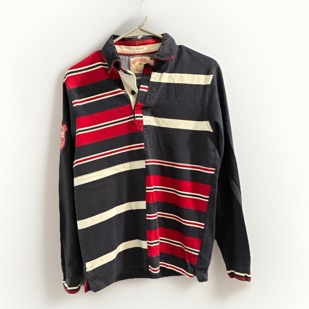 VTG Brooks Brothers Red colorblock striped rugby shirt Crest Elbow Patch Sz Med